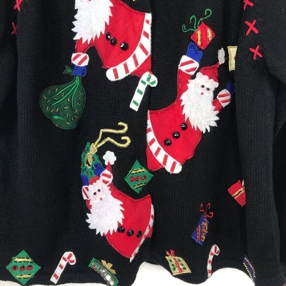 Tiara International Christmas Collection 2004 Black Red Santa Appliqué Cardigan - Picture 4 of 16